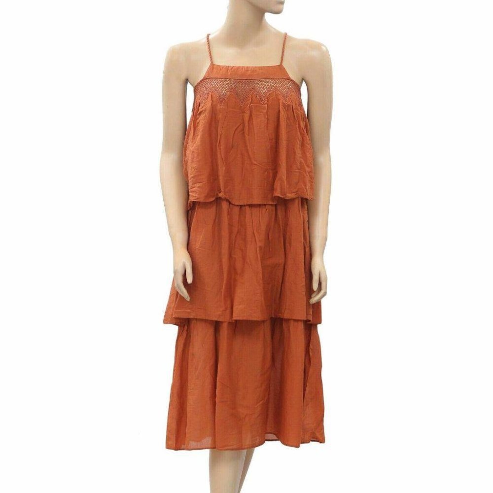 HappyxNature Kate Hudson Tiered Slip Midi Dress Rust Crochet Lace Tie XXS